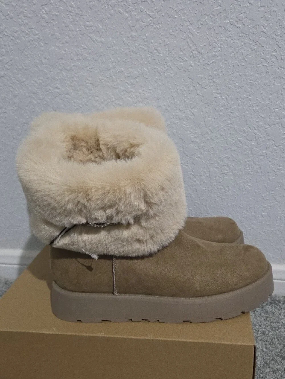 Suede Winter Fur-Trim Ankle Boots in Taupe